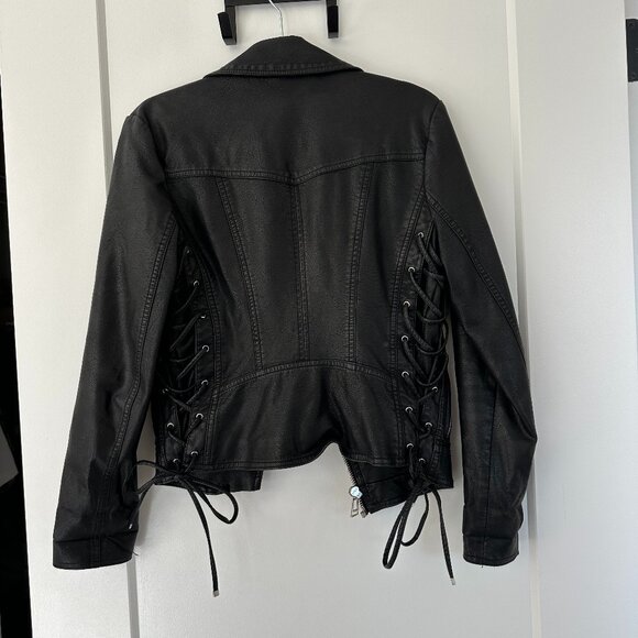 GUESS Faux Leather Lace-Up Jacket, Black Size: Small - Picture 4 of 7